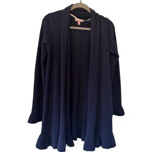 Lily Pulitzer 100% Cashmere Open Cardigan Navy Shawl collar ruffle Hem Eyelit